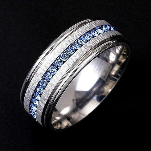 Men's 8mm Brushed Titanium Steel Blue Sapphire CZ Comfort-Fit Wedding Band